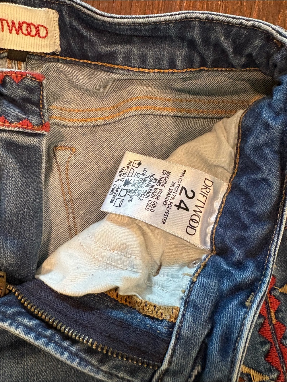 DRIFTWOOD Blue Flare Jeans with Red, Yellow & Cream Embroidery - Picture 4 of 8